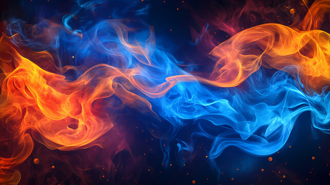 Swirling blue and orange flames, vibrant backdrop showcasing dynamic flames in blue and orange hues, creating an intense and captivating fiery visual experience. Fiery Brilliance. Illustration