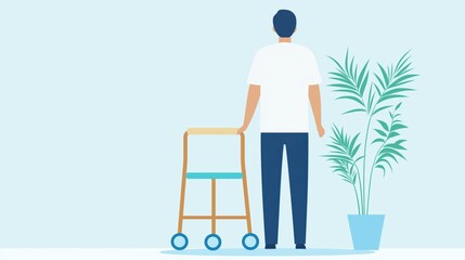 Fototapeta premium Flat design illustration of a patient standing with a walker beside a potted plant in a serene setting