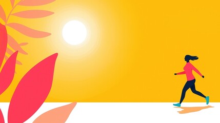Vibrant Flat Design Illustration of a Person Running with Sun and Leaves in Background
