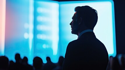 Business Professional Silhouette at Conference with Blue Lights