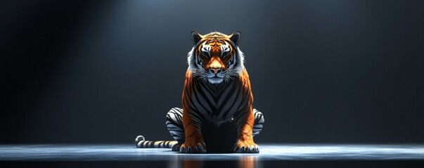 A regal tiger sits calmly illuminated by a spotlight beautifully