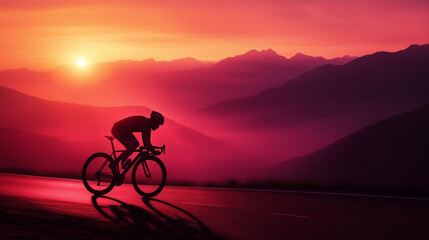 Obraz premium Radfahrer fährt steil bergauf in der goldenen Stunde der Abenddämmerung