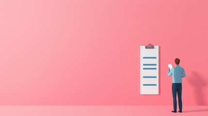 Flat Design Illustration of Self-Care Checklist on Pink Background with Person Reviewing Document
