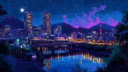 Fototapeta premium A vibrant night cityscape with illuminated buildings, a river, and mountains under a starry sky.