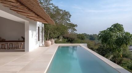 Fototapeta premium Infinity Pool Oasis: A stunning infinity pool seamlessly blends with the horizon, inviting relaxation and tranquility, set against a clear blue sky, surrounded by lush vegetation.