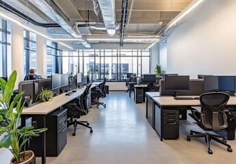 Modern open-plan office with desks, computers, and plants.