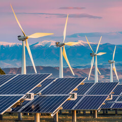Solar panels wind turbines set against a picturesque California mountain wilderness backdrop illustration image