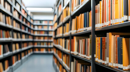 Long Library Hallway With Full Bookshelves Illuminated by Warm Lighting and Beige Toned Books