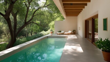 Serene Oasis: A modern residence features a refreshing pool, creating a tranquil and luxurious retreat nestled amidst the lush embrace of trees, where relaxation and comfort converge seamlessly.