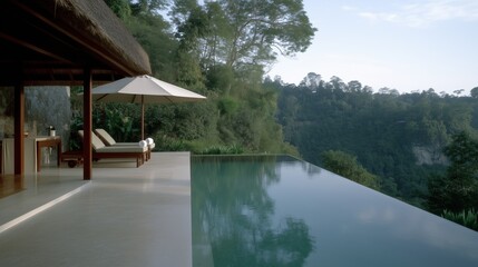Fototapeta premium Infinity Pool with a View: An inviting infinity pool overlooking lush, tropical landscapes. A sense of serenity and luxury. 