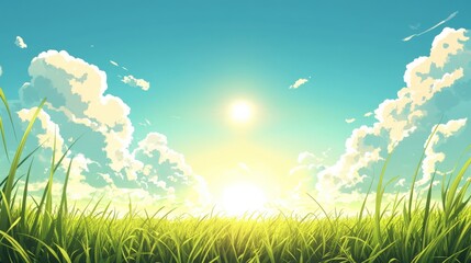 Obraz premium Serene Landscape with Lush Green Grass and Bright Sunlight Illuminating a Clear Blue Sky with Fluffy White Clouds, Perfect for Nature-themed Illustrations and Wall Art