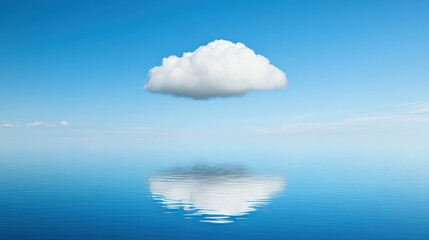 Serene and Tranquil Sky with a Single White Cloud Above a Calm Blue Ocean Reflecting the Cloud's Soft Shape on the Water Surface