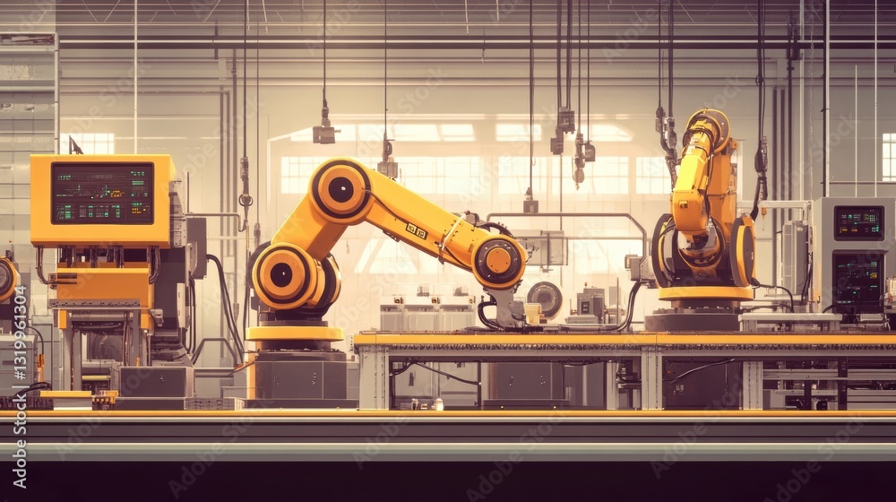 Poster advanced automation in a robotic factory where ai manages production processes for efficiency and pr