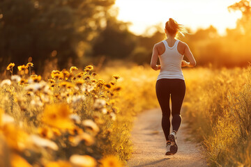 Läuferin joggt motiviert auf malerischem Weg im Abendlicht

