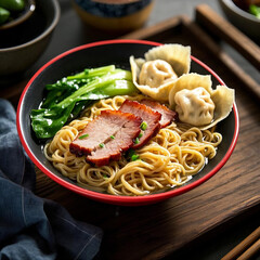 Classic Dry Wantan Mee with Char Siu and Dumplings in a Traditional Setting
