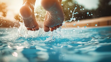Person Jumping into Blue Swimming Pool, Splashes and Water Drops