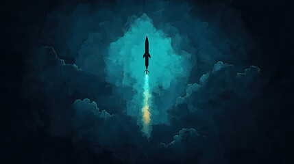 rocket launches into dark, cloudy sky, leaving trail of light