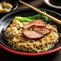 Classic Dry Wantan Mee with Char Siu and Dumplings in a Traditional Setting