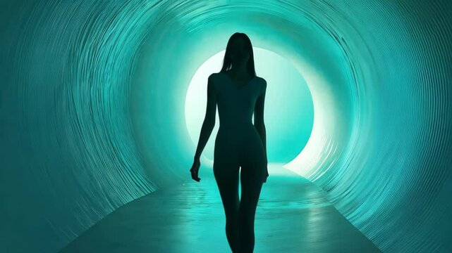 A young woman walks alone in a dark tunnel, her silhouette faintly visible in the shadows.