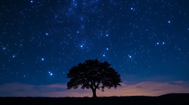 Enchanting starry night panorama with silhouette of a lone tree under the vast cosmic sky