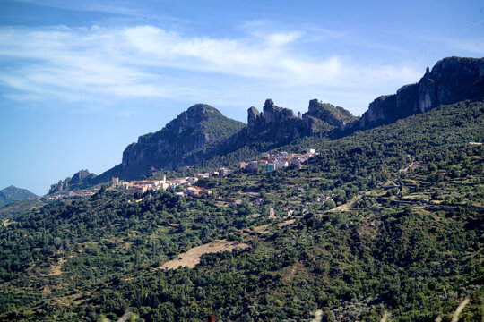 Panoramic view of the village of Osini in Sardinia, Italy