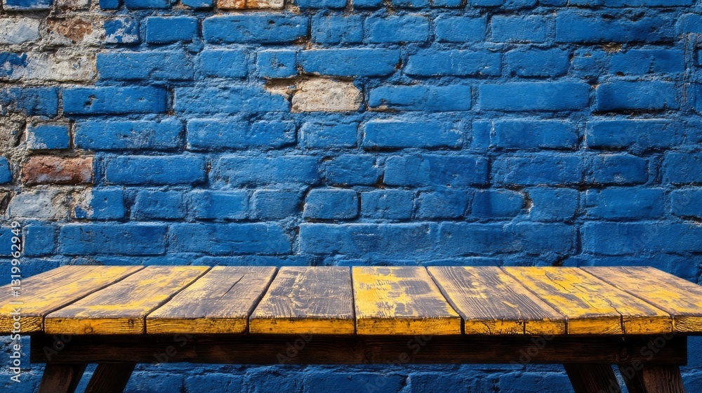 Poster a rustic brown wooden table rests in front of a bold blue brick wall, serving as a canvas for creati