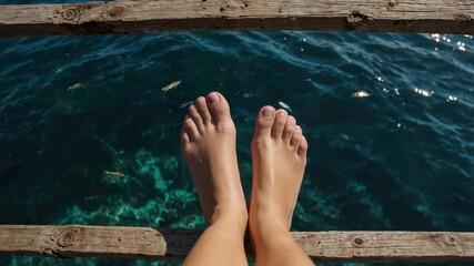 Feet dangle above a clear ocean, offering a serene view of fish swimming in the turquoise waters below.