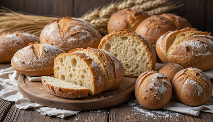Naklejka premium Artisan Bread Loaves and Slices with Wheat Stalks