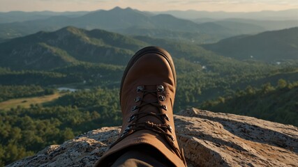 Hiking Boot View: Summit Perspective, outdoor adventure and stunning mountain range backdrop. Nature escape.