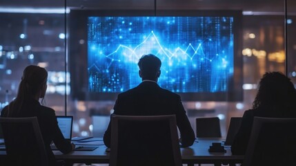 Business Team Analyzing Data on a Large Screen at Night