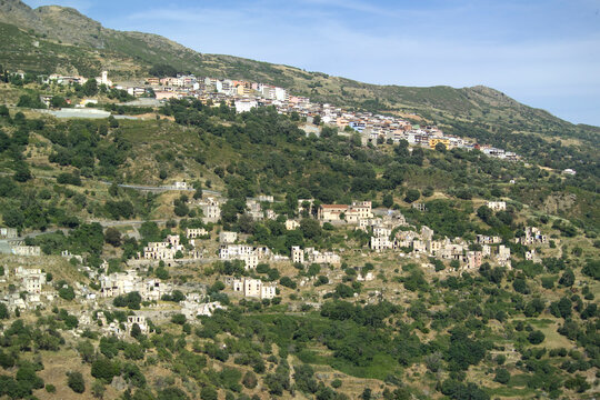 Ruins of the abandoned ghost town Gairo Vecchio, Sardinia, Italy. Ogliastra. Sardegna. Italia