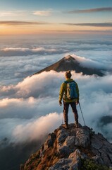 Obraz premium Hiker surveys a breathtaking mountain vista shrouded in cloud cover, enjoying nature's beauty.
