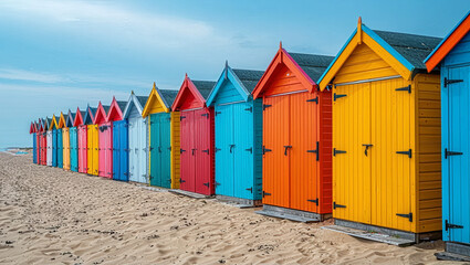 Naklejka premium A Row of Colorful Beach Huts on a Sandy Seaside shore. Blue, Sky and Sea, Holiday / Vacation Background