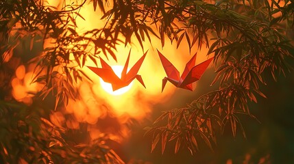 Origami Cranes Sunset Silhouette