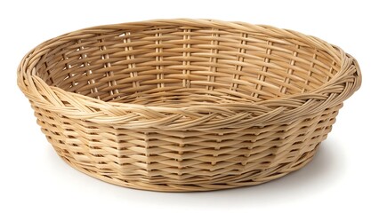 Fototapeta premium Empty Round Wicker Basket in Light Brown on White Background