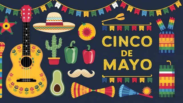 Colorful cinco de mayo celebration with guitars, sombreros, cacti, and festive decorations, celebrating mexican culture