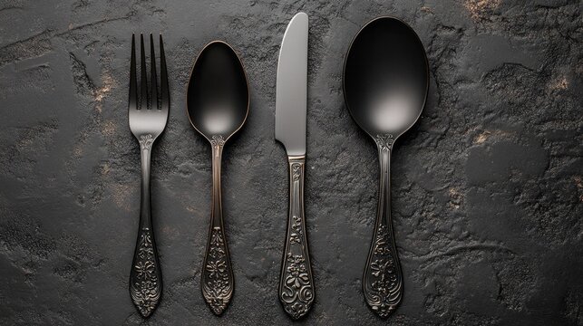 A rustic vintage cutlery set lies arranged harmoniously on a dark textured surface, showcasing intricate floral designs on each piece