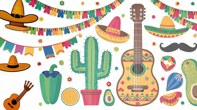 Colorful mexican fiesta elements featuring guitar, sombreros, cactus and avocados celebrating cinco de mayo, mexican culture