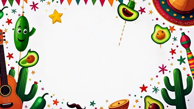 Festive cinco de mayo card with bright colors, sombrero, cactus, maracas, avocado, and mexican decorations celebrating mexican culture