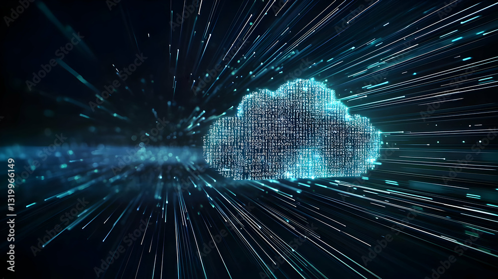Poster dynamic streaks of light converging on a glowing blue binary code cloud in a dark digital space depi