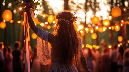 A woman in a flower crown raising ribbons at a lantern-lit festival in the woods