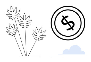 Marijuana leaves beside a coin with a dollar sign, emphasizing cannabis business revenue. Ideal for finance, investment, cannabis economy, growth, legal markets, industry trends, flat simple metaphor