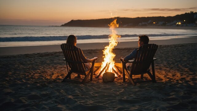 Beach bonfire at twilight: A couple enjoys the warmth and ambiance of a crackling fire near the ocean.