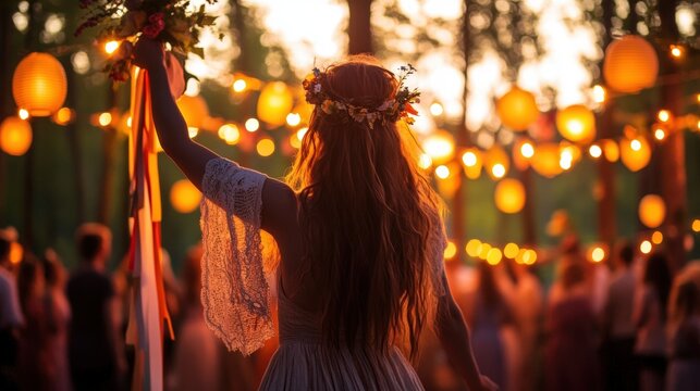 A woman in a flower crown raising ribbons at a lantern-lit festival in the woods