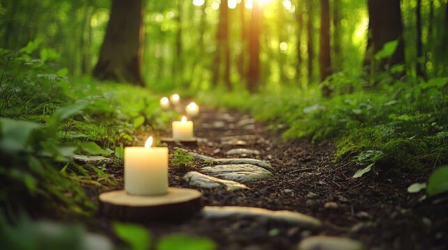 A mystical forest path with tiny flickering candle, creating a serene and mystical atmosphere