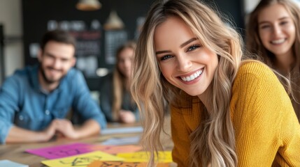 Obraz premium A cheerful woman wearing a yellow sweater smiles at the camera, surrounded by her colleagues in a creative workspace, This image can be used to represent teamwork, positivity, and collaboration,