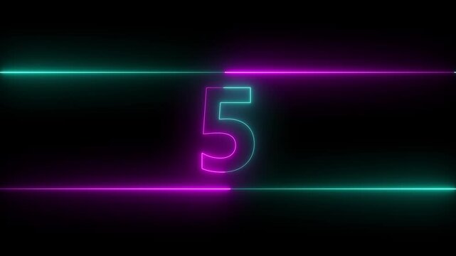 numbers from 0 to 10 countdown in blue circle on neon line and black background. Neon bright glowing countdown timer from 10 to 0.