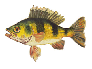 Fototapeta premium Colorful vintage fish cut-out from a magazine showcasing intricate details and vibrant hues on a plain background