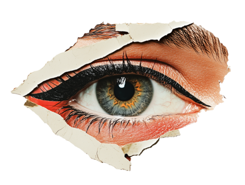 Collage featuring a single dramatic eye with vivid colors and striking details, emphasizing beauty and artistry