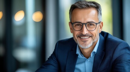 Fototapeta premium A smiling man in a blue suit and glasses sits in a contemporary office setting, exuding confidence and approachability, This image can be used for business, coaching